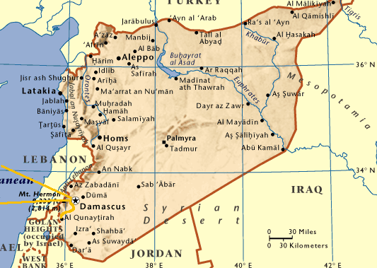 Per visionare una piantina con i luoghi degli eventi a Damascus, cliccare su 'Damascus' - Per visionare una scheda informativa su Quneitra, cliccare su 'Golan Heights'