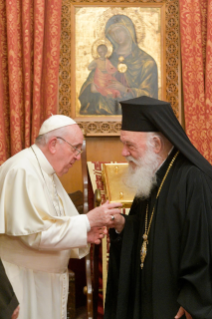 10-Apostolic Journey to Cyprus and Greece: Meeting of His Beatitude Hieronymos II and His Holiness Francis with the Respective Entourages